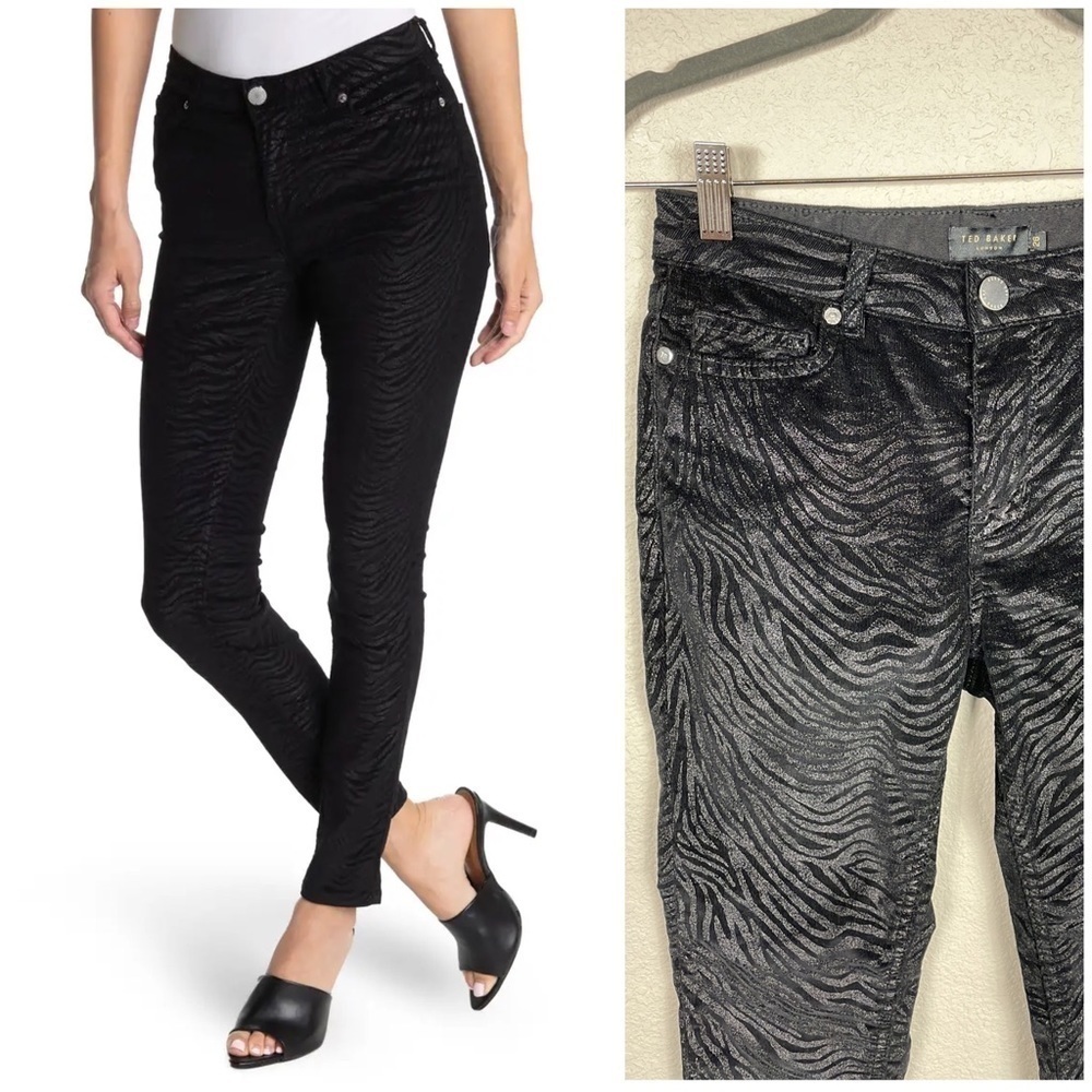 NWT Ted Baker London Dehbra Black Metallic Zebra Stripe Skinny Pant New Sz 26